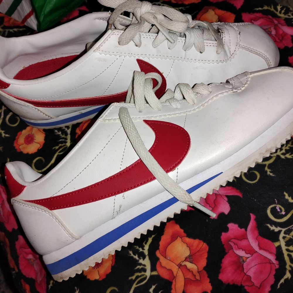 White and Red Sneakers with Blue Stripe